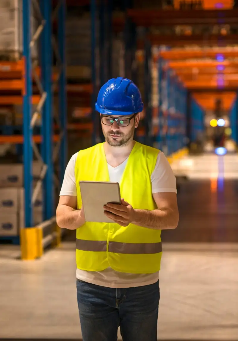 Man walking through large warehouse storage storehouse center and using tablet to control distribution